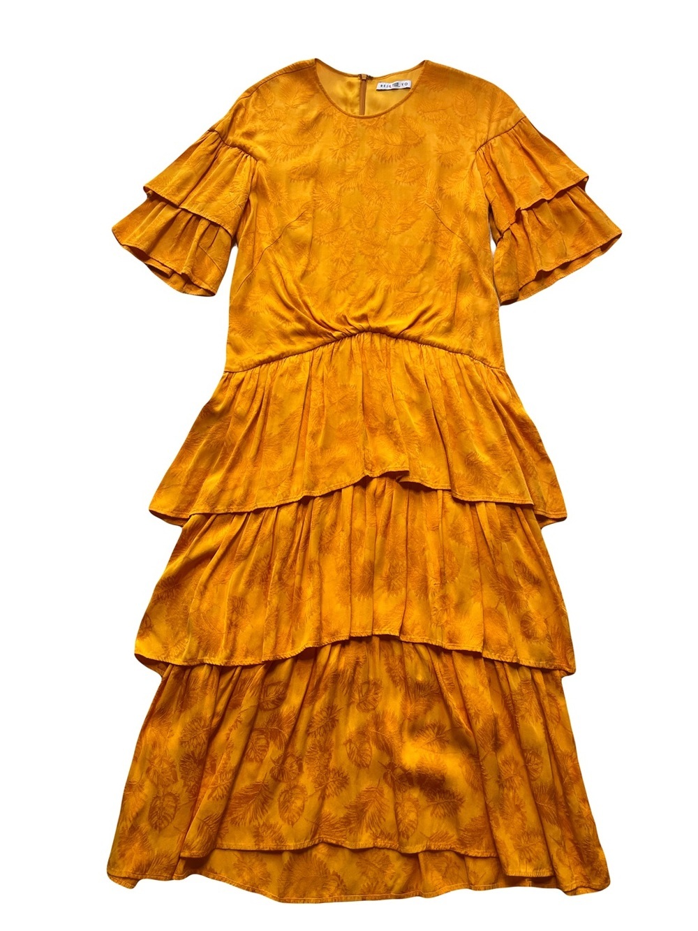 Rejina Pyo Marigold Jacquard Tiered Midi Dress Elevated Bohemian Ruffle Sleeves